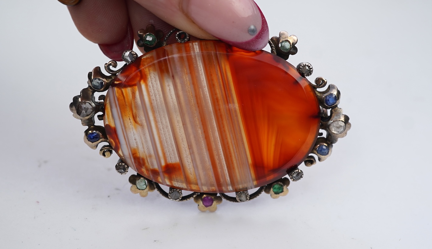 An agate, ruby, emerald and diamond brooch, circa 1900